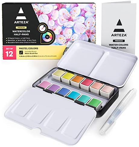 ARTEZA Watercolor Paint Set, 12 Pastel Colors, Half Pans in Travel Tin