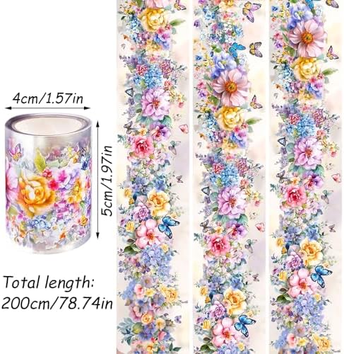 1 Roll Colorful Floral Washi Tape for Scrapbooking Scrap Booking Supples Kit Cute Butterfly Tapes Sticker Spring Flower Washi Tapes Transparent PET Tape Stickers for Journaling Junk Journal supplies