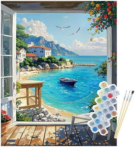 Seaside Window Paint by Numbers for Adults, 16x20" Coastal Landscape Kit