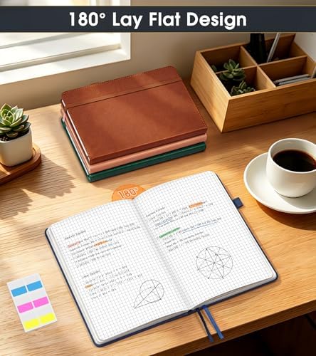 A5 Leather Hardcover Graph Paper Notebook, 160 Pages (5 Squares/Inch), 180° Lay-Flat Binding, 100 GSM Thick Paper, for Math, Engineering, Students & Technical Work (Navy)