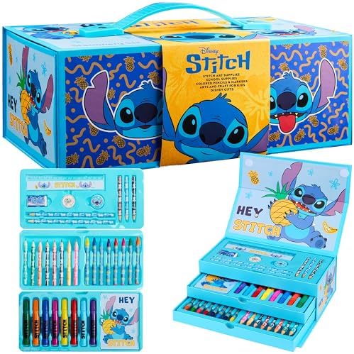 Disney Stitch Colored Pencils Art Supplies Kids School Supplies Set Stationery Girls Drawing Pencils Supplies Travel Case with Crayons Arts and Crafts for Kids 4-12 (Blue Stitch)