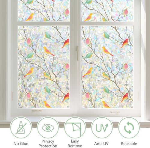 Kromapolis Window Privacy Film, Stained Glass Rainbow Bird, 17.5″ x 157.4″