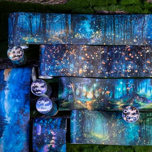 Alideco 6pcs Decorative Adhesive Tapes Vintage Forest Night View Washi Paper Tape Great for Bullet Journal Supplies, Arts, Scrapbook, DIY Crafts, Planners (senlindeyewu)