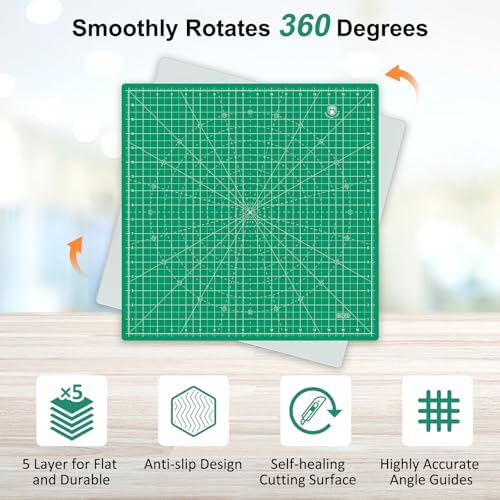 Headley Tools 17"x17" Rotating Cutting Mat, Self Healing Mat with 360-Degree Rotation & Anti-Slip Base, Sewing Board Cutting Mat Perfect for Fabric Quilting Leather Hobby Project, Green