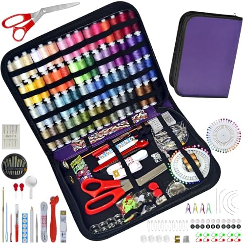 Sewing Kit with Case Portable Sewing Supplies for Home Traveler, Adults, Beginner, Emergency, Contains 60 Sewing Thread, Scissors, Needles, Measure etc（Dark Violet，XL)