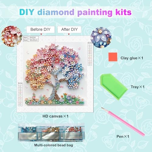 AiYuanzsh Special Shape Diamond Art Kits for Adults, Blossom Tree 5D Crystal Diamond Art Rhinestone Canvas DIY Wall Décor, Sparkling Floral Diamond Painting for Beginners, 11.8 x 11.8 inch
