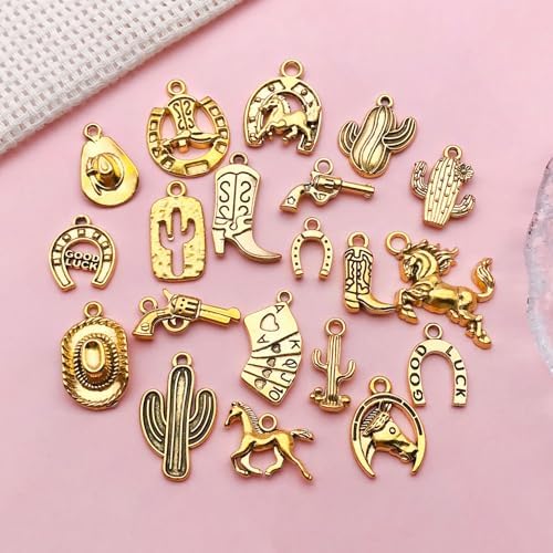 80pcs Western Cowboy Themed Charms Set - Zinc Alloy 3D Miniature Cowboy Hat, Horse, Boot Shoe Charms for DIY Jewelry Making, Keychain Crafts Accessory Tools -Durable, Versatile, and Perfect for Creative Projects (Golden)SN822