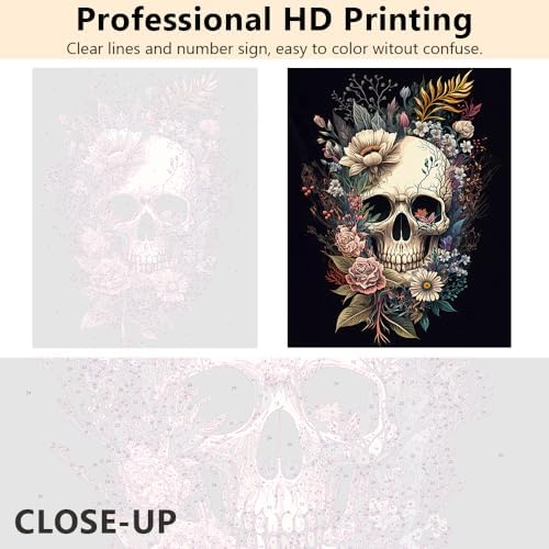 TUMOVO Paint by Numbers Skull with Flowers, Abstract Paint by Number for Adults, Adult Paint by Number Kits on Canvas Drawing Paintwork with Paintbrushes Art Crafts 16"x20"(with Frame)