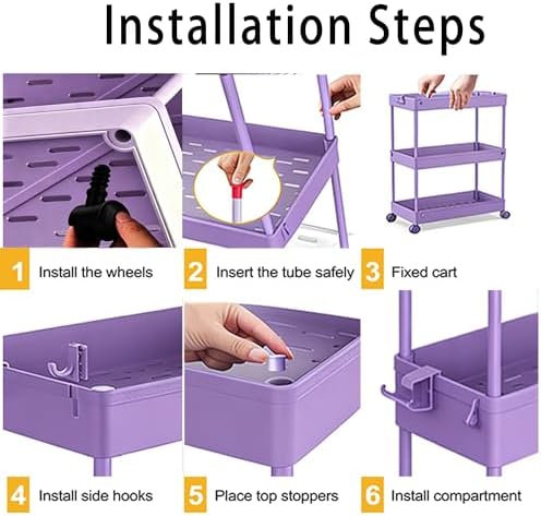 SPACELEAD Slim Storage Cart 3 Tier,Bathroom Organizer Rolling Utility,Mobile Shelving Unit Slide Out for Office, Kitchen, Laundry Room & Narrow Places,Purple