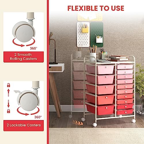 GOFLAME 15-Drawer Rolling Storage Cart, Craft Storage Cart with Removable Drawers & Lockable Wheels, Art Cart Supply Storage Organizer for Home Office Classroom, Pink Gradient