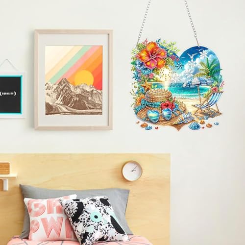 ARPADAMO Hanging Diamonds Art kit for Adult,DIY Summer Beach Pendant Diamonds Painting Art Kit, 7.2x7 inch Acrylic Diamonds Painting Board Kit Ornament, Special Crystal Diamond Hanging Ornament