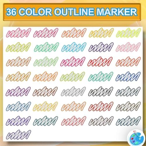 Double Line Super Squiggles Glitter & Metallic Markers, 36 Colors - Self Outline Pens for Doodle Art, Greeting Cards & Crafts