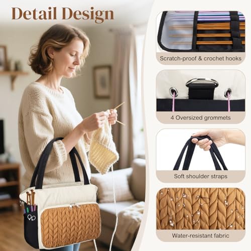 DALINDA Crochet Bag Organizer,Yarn Bag and Tote- Yarn Storage with Multiple Pockets for Crochet Supplies, Knitting Bag for Gifts,Portable & Durable(Brown)