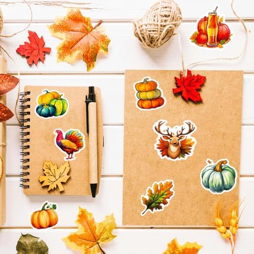 Thanksgiving Stickers Pack, 200Pcs Cute Thanksgiving Pumpkins Vinyl Waterproof Stickers for Water Bottles Envelopes Scrapbooking Crafts, Fall Sticker Gifts for Kids Adults Teens