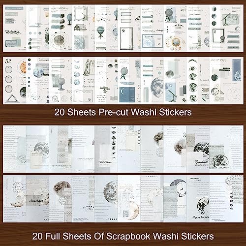 Dizdkizd Celestial Themed Washi Stickers for Journaling, Vintage Ephemera Sticker Book with 180pcs Planet Stickers and 20 Astronomy Scrapbook Papers for Junk Journals Paper Crafting