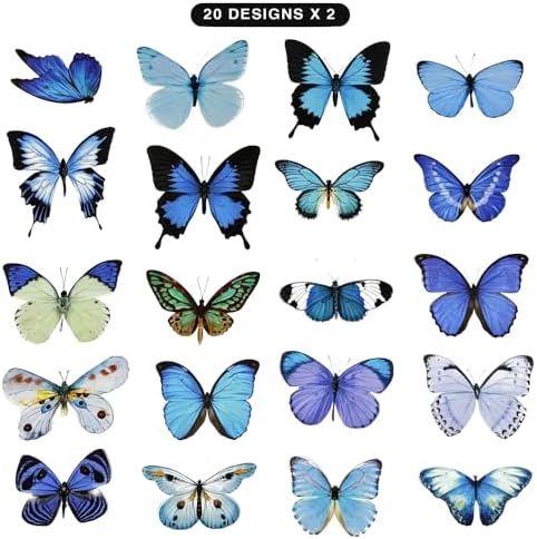 40Pcs Vintage Stickers,Waterproof Transparent PET Aesthetic Decorative Sticker Scrapbooking Supplies for Adult Card Making Letters Planner Junk Journal Water Bottles Art Craft.Blue Butterfly