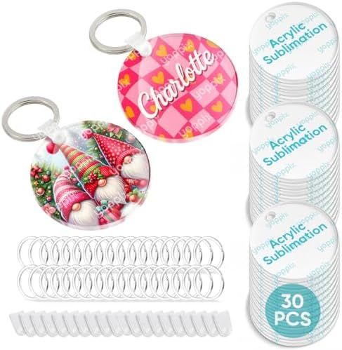 YOPPIX 90 Pcs Sublimation Acrylic Keychain Blank kit, with 30 Fixing Clips and 30 Key Rings for Heat Transfer Keychain Bag Decor Pet Necklace Christmas Tree Decor, Home Gift Crafts Supplies