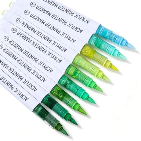languo Acrylic Paint Markers, 9 Colors Forest Green Series, Soft Brush Tip