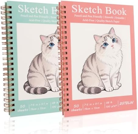 DSTELIN 2 Pack Hardcover Sketchbooks (100 GSM Sketch Paper), 7.5x5.1 Inch Spiral Sketch Book for Sketching, Drawing, Painting, 50 Sheets per Pack, Pink and Green