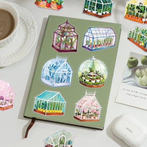 50PCS Transparent Greenhouse Plants Stickers Nature Botanical Floral Aesthetic PET Sticker Waterproof Decorative Decal for Scrapbook DIY Crafts Journal Planner Water Bottles Laptop Phone (Green)