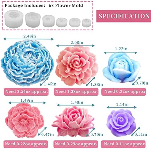 6PCS Flower Silicone Mold Set, 3D Bloom Rose Peony Fondant for Chocolate Cake Decor, Soap Candle Making Kit, Resin Epoxy Casting Polymer Clay Craft Gift