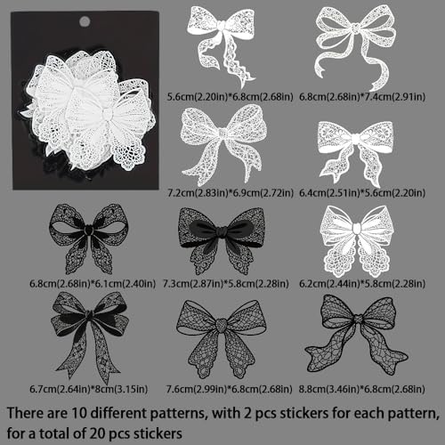 20Pcs Lace Bow Stickers for Scrapbooking Junk Journal Supplies Black White Bows PET Stickers for Journaling Scrapbook Sticker Pack Collage Vintage Decorative Sticker Stationery Decals for Crafts