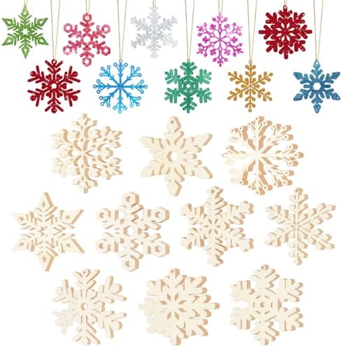 40Pcs Unfinished Paintable Blank Wooden Christmas Snowflake Festival Decoration Ornaments, Xmas Tree Hanging Wood Slices for DIY Art Crafts Party Supplies