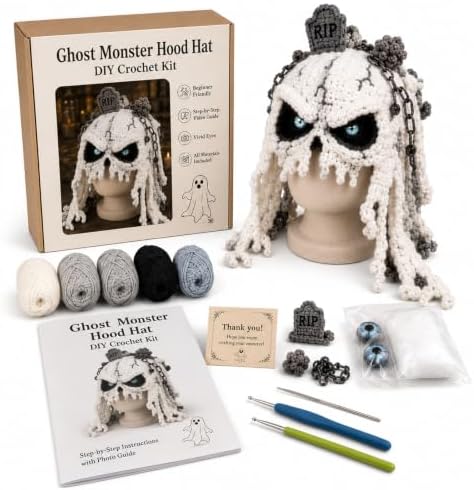 LWLQCZJ DIY Crochet Kit Fantasy Animal Hood Hat Beginner Craft Set with Yarn & Hook (Ghost)