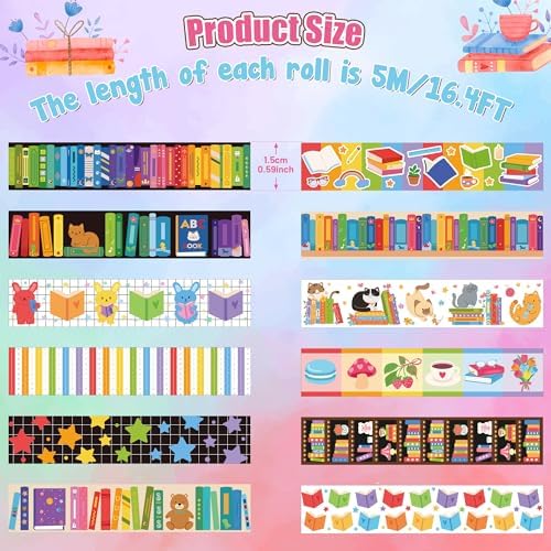 12 Rolls Colorful Books Tearable Adhesive Clear Pattern Washi Tape