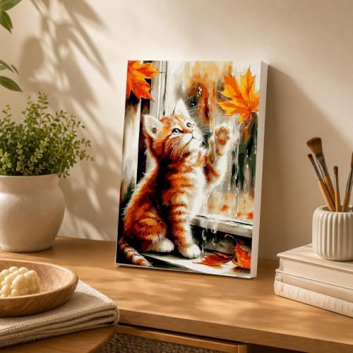 Spandrel Framed Paint by Numbers Cat Kit for Adult, Autumn Adult Paint by Number Kits on Canvas, DIY Acrylic Oil Easy Halloween Painting by Numbers Fall for Home Wall Decor, 8x12in