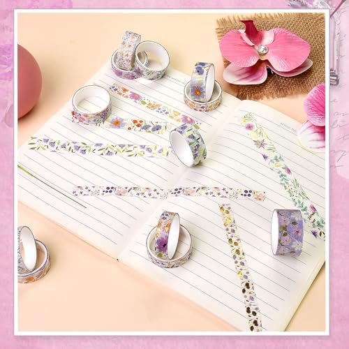 Washi Tape Set, Floral Washi Stickers, 12 Rolls Assorted Sizes, for Junk Journal Scrapbook Tape, Bullet Journaling Scrapbooking Supplies, Planner Sticker DIY Craft DéCor (Purple)