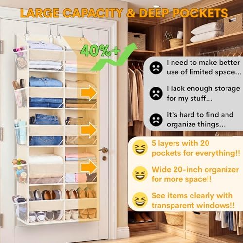 2 Pack Over the Door Organizer 5 Tiers, Extra Large Behind Door Storage of 10 Compartments, 80 lbs Weight Capacity Over Door Organizer, Door Hanging Organizer for Closet, Diaper Organizer, Beige