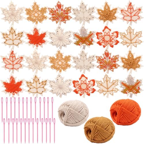 Kathfly 24 Set Fall Wooden Craft Kit Maple Leaf String Craft Ornaments with Yarn and Plastic Weaving Tools DIY Art Hanging Decorations for Classroom Fall Thanksgiving Party Favors Home Activities