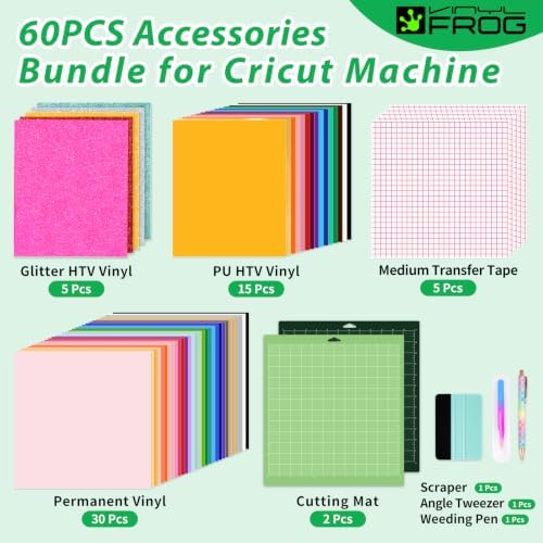 VINYL FROG 60PCS Accessories Bundle for Cricut Maker and All Explore Air, Ultimate Tools with Permanent Adhesive Vinyl, HTV Vinyl, Cutting Mat, Weeding Tools, Scrape