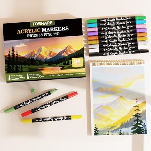36 Colors Precision Dual Tip Acrylic Paint Markers Pens - Brush & Fine | Performs on Rock, Wood, Paper, Fabric, Egg, Scrapbook, Glass, Ceramic, Canvas, DIY Crafts Art Gift - School Supplies