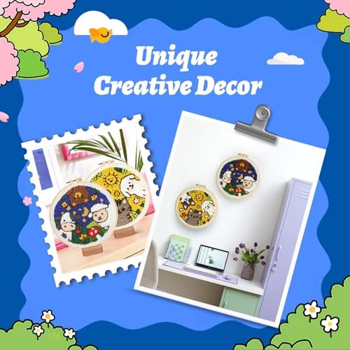 yuegool 2PCS Punch Needle Decoration Kit,Easy DIY Punch Needle Embroidery Kit for Beginners Adults Including Patterns, Tools, Yarns, Hoop, Instruction, Bracket Art Craft Supplies