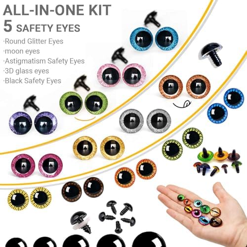 CSCHENGO 158PCS 12-28mm Amigurum Glass Safety Eyes for Crochet Animals,Glitter 3D Moon/Middle/Black Crochet Safety Eyes/Glasses/Labels/Sling,Adult Crochet Set for Creative Art Making