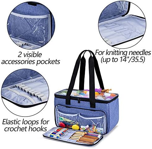 Yarwo Crochet Bag Knitting Organizer, Yarn Storage Tote with Multi-Pockets
