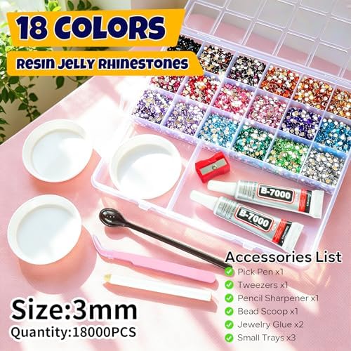 18000Pcs Resin Rhinestones for Bedazzling, Multicolor 3mm Flatback Gems, Bedazzler Kit with 2Pcs 10ml B7000 Jewelry Glue for Crafts, Shoes & Nail Art