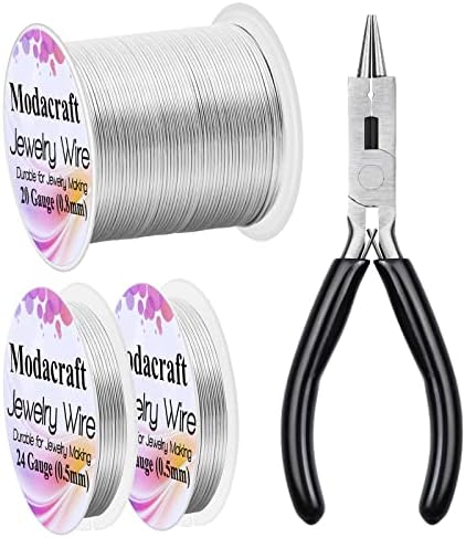 3Rolls 20/24 Gauge Silver Wire with 4 in 1 Jewelry Pliers, Modacraft Tarnish Resistant 20 Gauge Craft Wire 24 Gauge Jewelry Wire for Jewelry Making Supplies and Craft