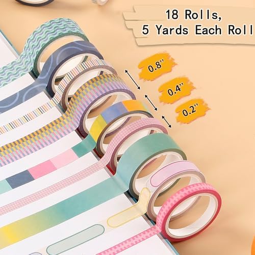 Washi Tape Set of 18 Rolls, Assorted Sizes, Decorative Tape for Journaling, Scrapbook, DIY Décor, Craft Supplies, Gift Wrapping, Color Block