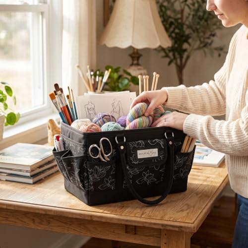 Everything Mary Deluxe Store & Tote Organizer – Black & White Floral Craft Bag with Handle – Collapsible Storage for Scrapbooking, Sewing, DIY Tools & Art Supplies