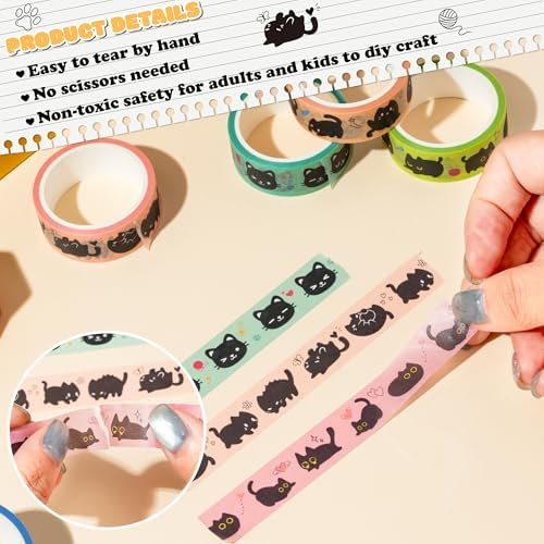 Black Cat Washi Tape - 24 Pcs Cute Trendy Black Cat Design Cute Eco-Friendly Masking Tape Decorative DIY Crafts Artist Tape Set School Office Journal Kids Art Supplies Gift Wrapping