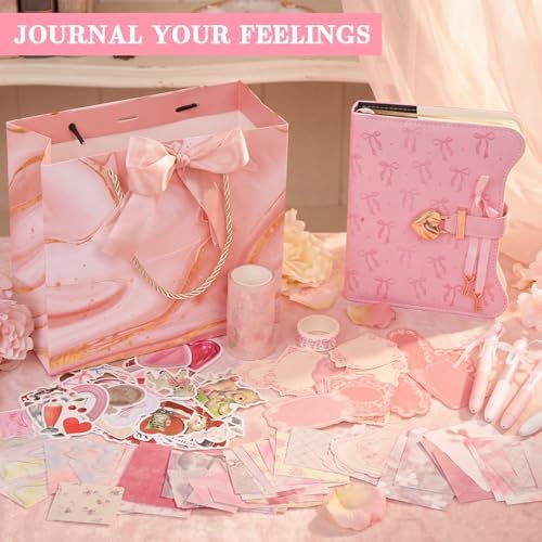 Janlaugh DIY Journal Diary with Lock Pack Scrapbook Kit, Pink, Bow | Stationery Diary Supplies, Scrapbook Supplies Art Crafts Kit for Birthday Holidays Ideal Gifts, Feather Bookmark Stickers