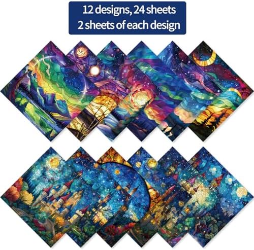 6x6" Cardstock Single Sided Scrapbooking,Craft Decorative Scrap Book Paper | 160gsm,24-Sheet 12Patterns Colored Paper,Junk Journal Supplies,Vivid Origami Papers DIY Craft Gift Wrapping Album.StainedGlas