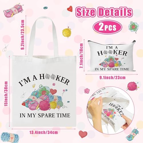 Y1tvei Crochet Canvas Tote Bag - 2Pcs Cosmetic Pouch Tote Bag Reusable Grocery Folding Shopping Bag for Crocheters Women