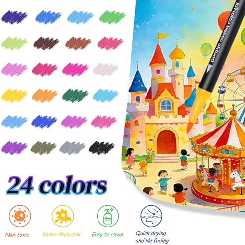 24Color Dual-Tip Art Markers Set, Fine & Brush Tips for Adult Coloring Books, Watercolor & Drawing Pens, Artist Marker Pens for Illustration, Sketching, Journal