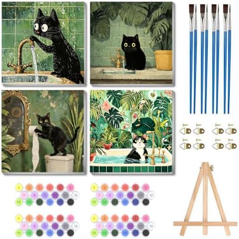 4 Pack Framed Black Cat Paint by Numbers Kits for Adults with Easel (8x8in)