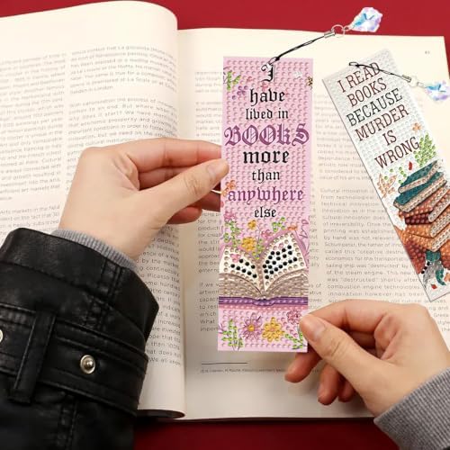 Mandun 4 Pcs Book Diamond Painting Bookmark Kits, Special Shaped Diamond Art Bookmarks with Pendant, DIY Diamond Art Bookmarks with Tassels Crafts Gifts Supplies