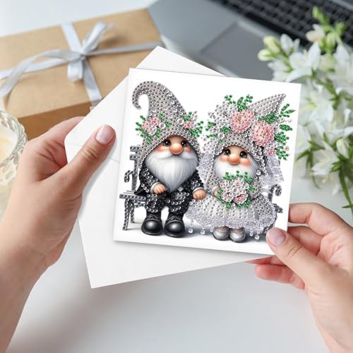 AiYuanzsh Set of 6 Gnome Diamond Painting Greeting Cards – 5D DIY Craft Kits for Handmade Bride and Groom Cards, Perfect for Wedding Gifts and Anniversaries
